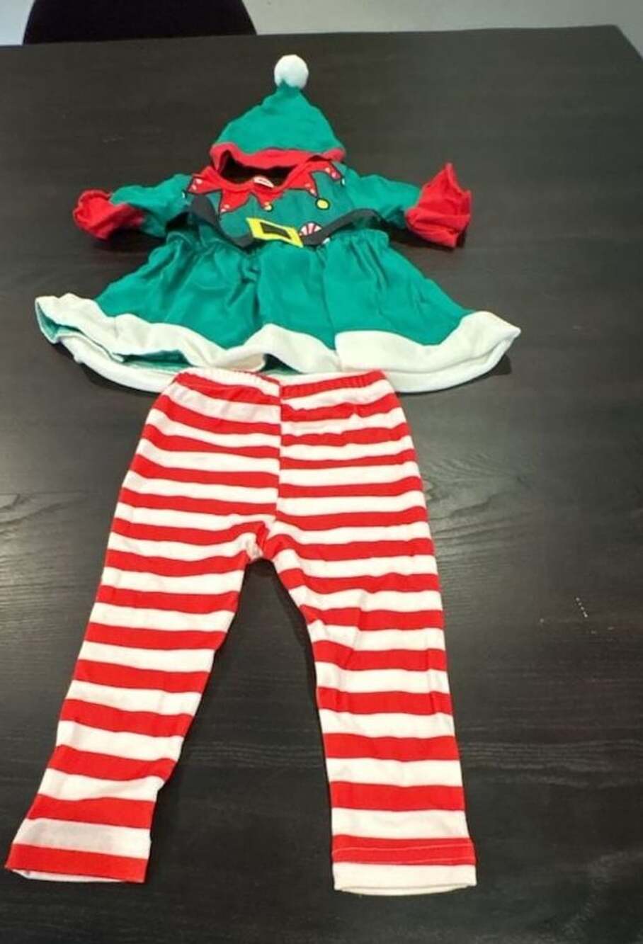 12 -18 months Christmas Elf Costume Set Green Dress Red White Striped Pants & ha